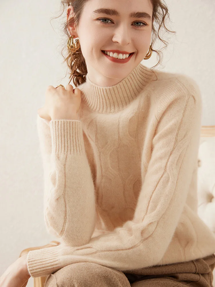 

Autumn Winter Thick Cable Stitch Women's Soft Warm Mock Neck Pullover Solid 100% Cashmere Sweater Casual Loose Clothing Tops