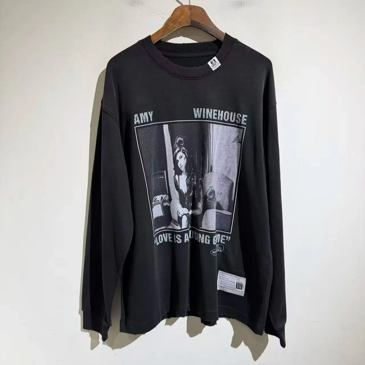 American Vintage Washed Distressed Long Sleeve Tee Men Women Loose Figure Print Rock Street Casual Top