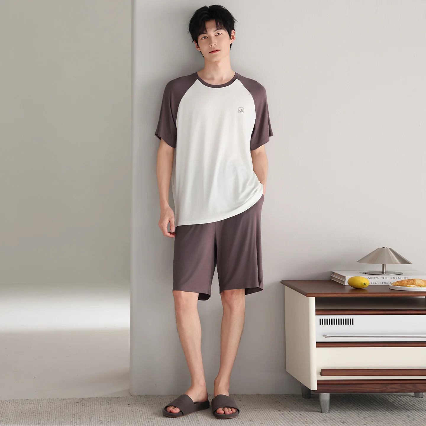 Men Modal Pajamas Summer Grey Raglan Sleeve Pajama Sets Sleepwear Short Sleeve Tops + Short Pants Pajamas Home Clothing Pyjamas