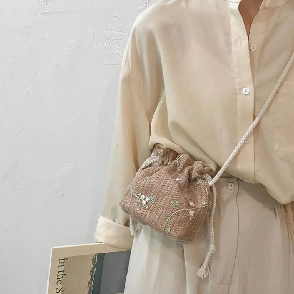 

Портативная плетеная сумка-ведро на шнурке, элегантная сумка через плечо с цветочным узором, кружевная соломенная сумка в корейском стиле для путешествий