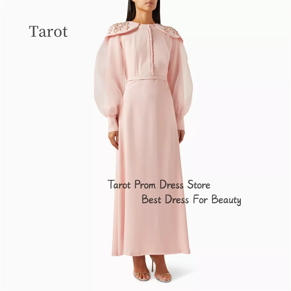 Tarot Beading A Line O Neckline Evening Dresses Long Lantern Sleeves Ruffles Buttons Prom Dress Saudi Arabia robes de soirée