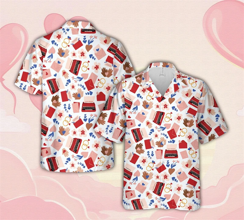 Pink Sweet Heart 3D Print Summer Casual Hawaiian Shirt Men Women Strawberry Red Lips Design Full Pattern Short Sleeve Shirts