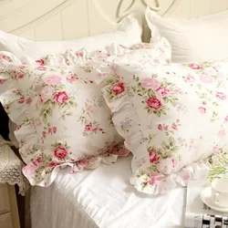 1 piece Pastoral rose pillowcase elegant ruffle pillow cover cotton decorative pillowcases princess bedding pillow case