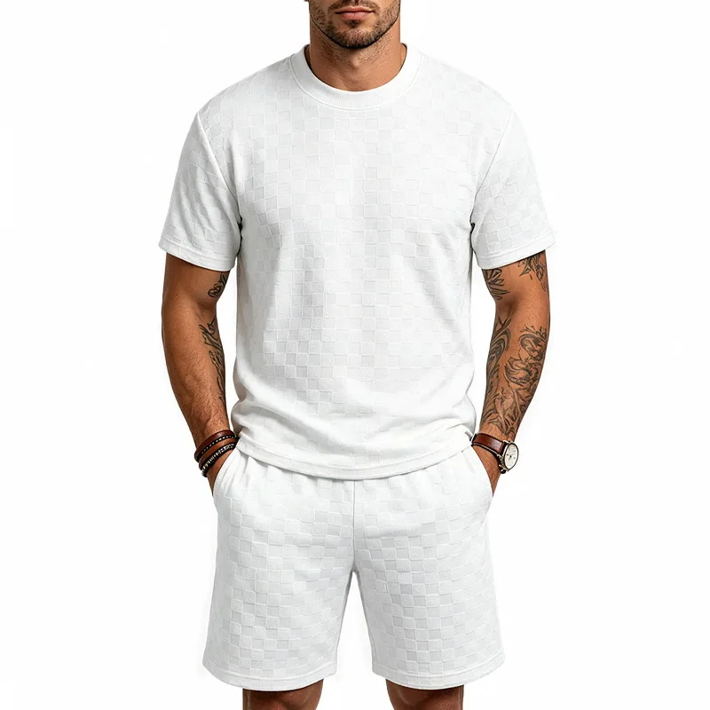 Men Chessboard Grid Jacquard Short Sleeve Tee Elastic Drawstring Shorts 2 Pieces Summer Casual Outfit Set