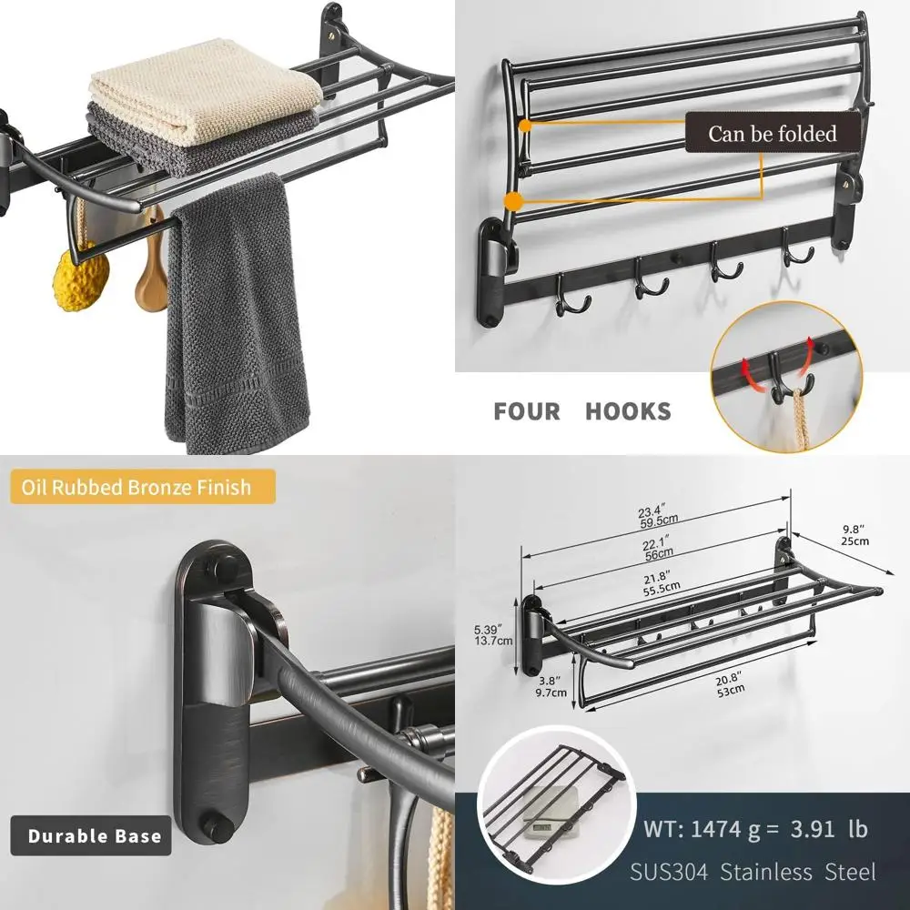 

24 Wall-Mounted Oil Rubbed Bronze Towel Rack with Foldable Bar and Hooks, Multifunctional Bathroom Organizer