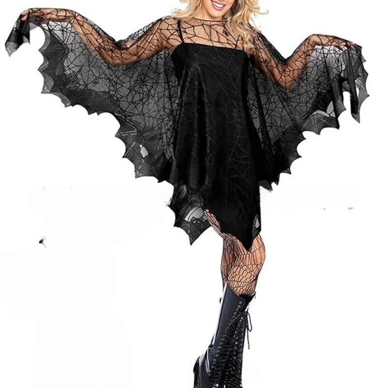

2025 New Halloween Unisex Bat Cape Halloween Party Event Shawl Black Lace Spider Web Carnival Party Cosplay Cape Accessories