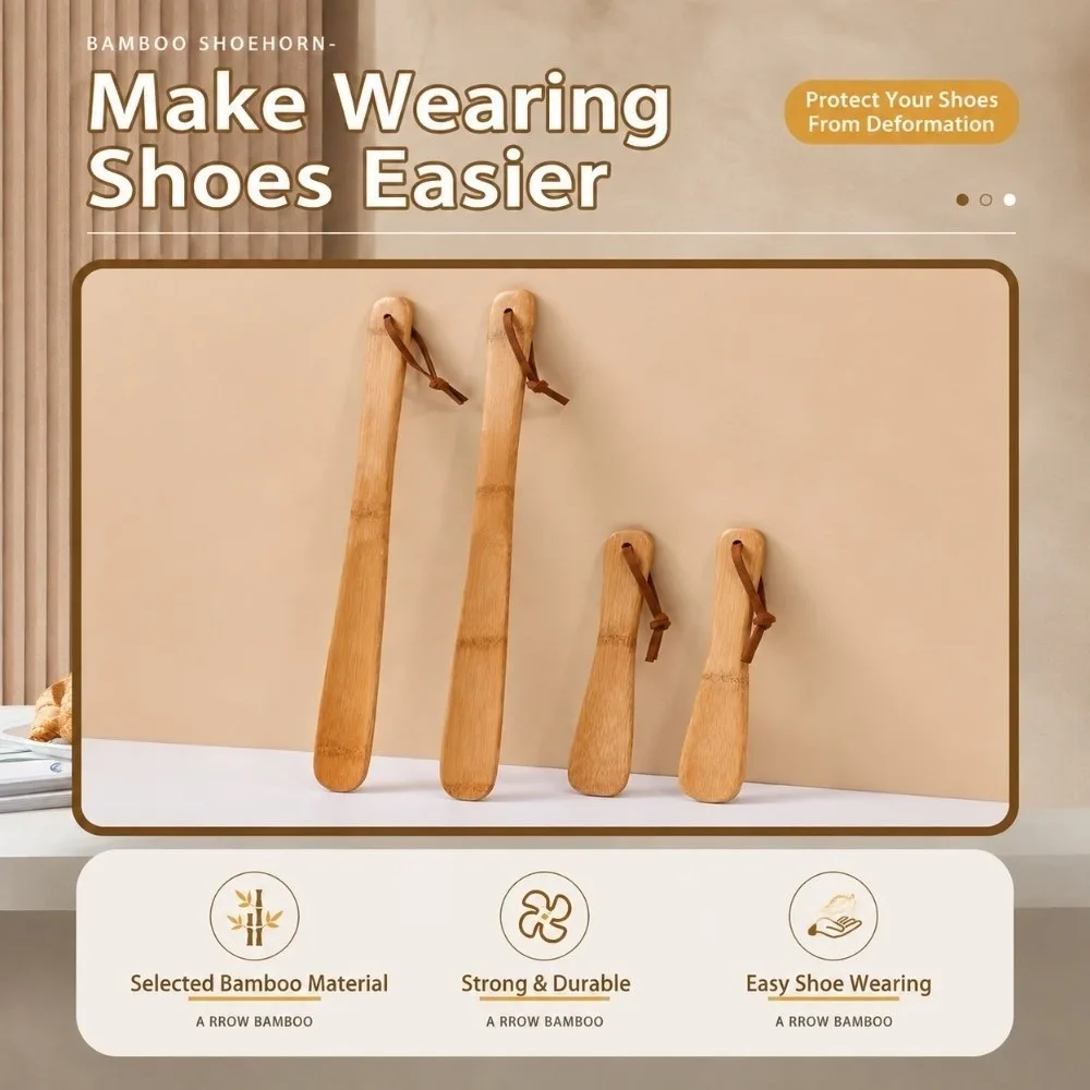 Convenient Short Long Handle Bamboo Shoe Horn Smooth Hanging Rope Shoe Lifter Helper Bamboo Shoe Puller For Pregnant Women