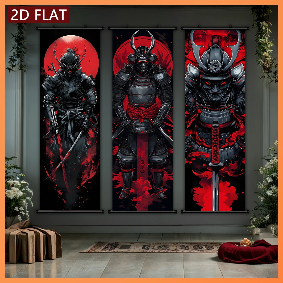 VIKAMA Red Moon Dark Ghost Face Warrior Armor Sword Scroll Tapestry, Fade Resistant Wall Scroll for Dark Room Decor