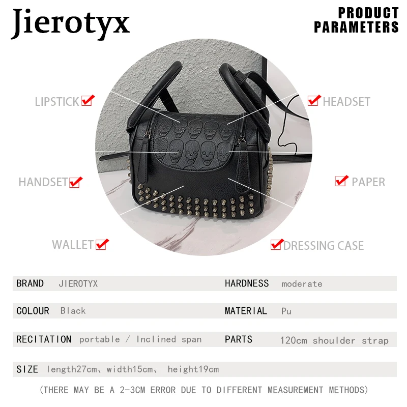 JIEROTYX Fashion Rivet Women Bag Leather Embossed Skull Handbags Quality Punk Shoulder Bag Female 2022 New Dropship