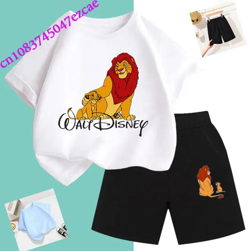 T-shirt estiva Disney Simba Set per bambini t-shirt re leone Set pantaloncini a maniche corte felpa con stampa cartone animato per ragazzi e ragazze