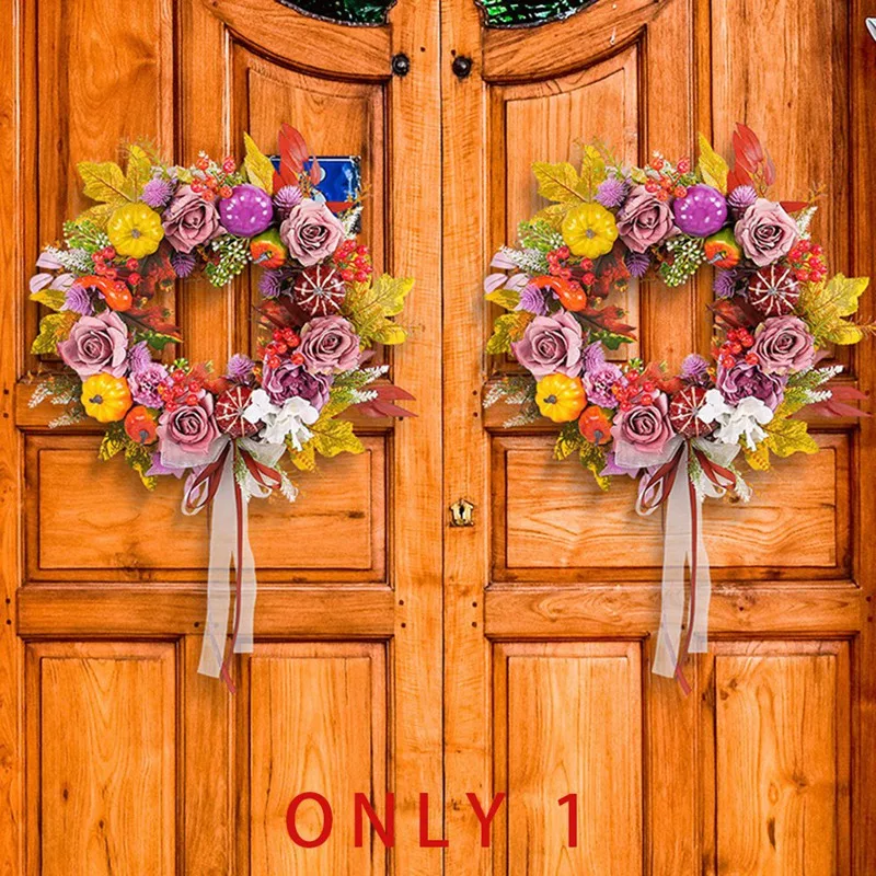 Fall Decor - Fall Wreaths For Front Door Outside With Blooming Silk Rose, Lifelike Fall Pumpkin Purple Berries & Bow