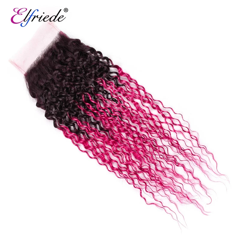 Elfriede #T1B/Rose Red Kinky Curly Ombre Color Hair Bundles with Closure 100% Human Hair Wefts 3 Bundles with Lace Closure 4x4