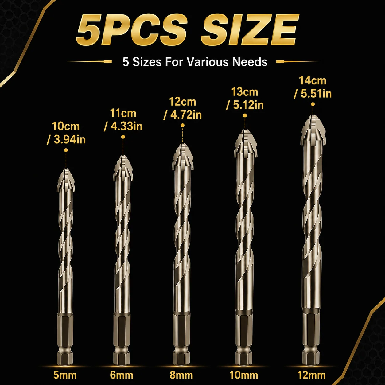5Pcs Cross Tip Drill Bits 5/6/8/10/12mm Hex Shank Multi Material Set for Tile Ceramic Concrete Brick Glass Drilling