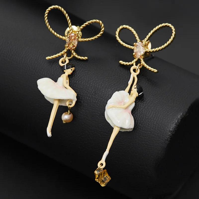 

French Niche Design Light Luxury Sense Handmade Enamel Aurora Shiny Stars Dress Dancing Girl Natural Peaerl Stud Earrings Clip