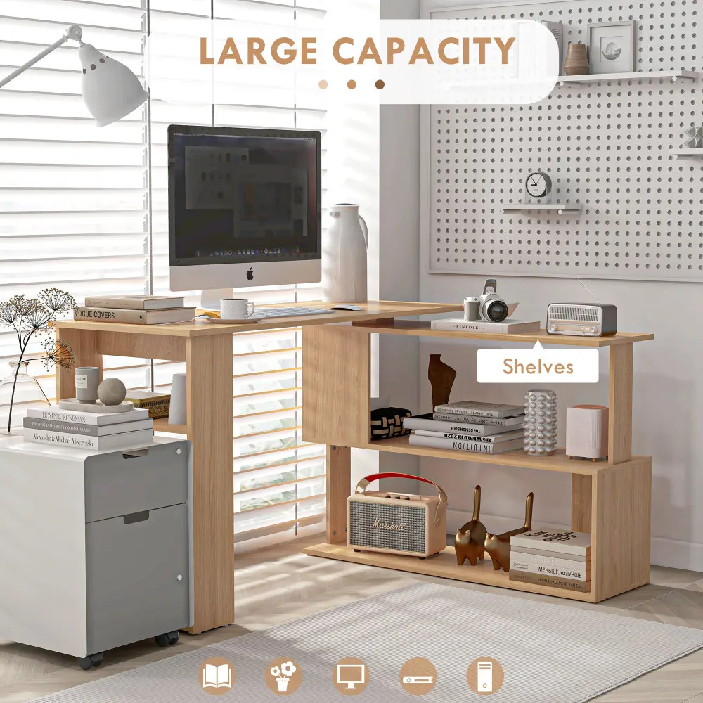 360° Rotating L-Shaped Computer Desk, Modern Space Saving Corner Desk with S-Shaped 2-Tier & 3-Tier Storage Shelves, Sturdy Engineered Wood Workstation for Home Office Bedroom Dorm