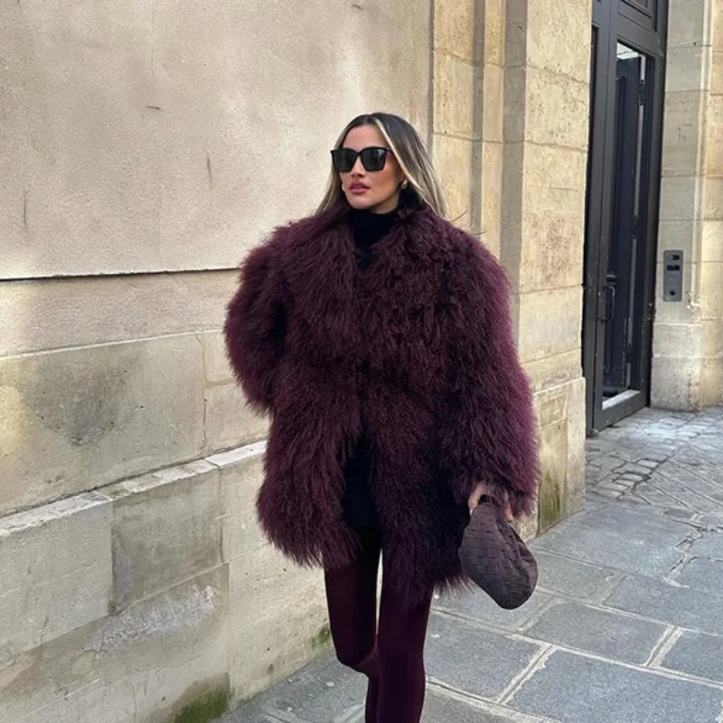 Female Winter Solid Faux Fur Thickened Midi Jackets Women Warm Long Sleeve Lapel Loose Warm Coat 2024 Vintage Street Outerwears