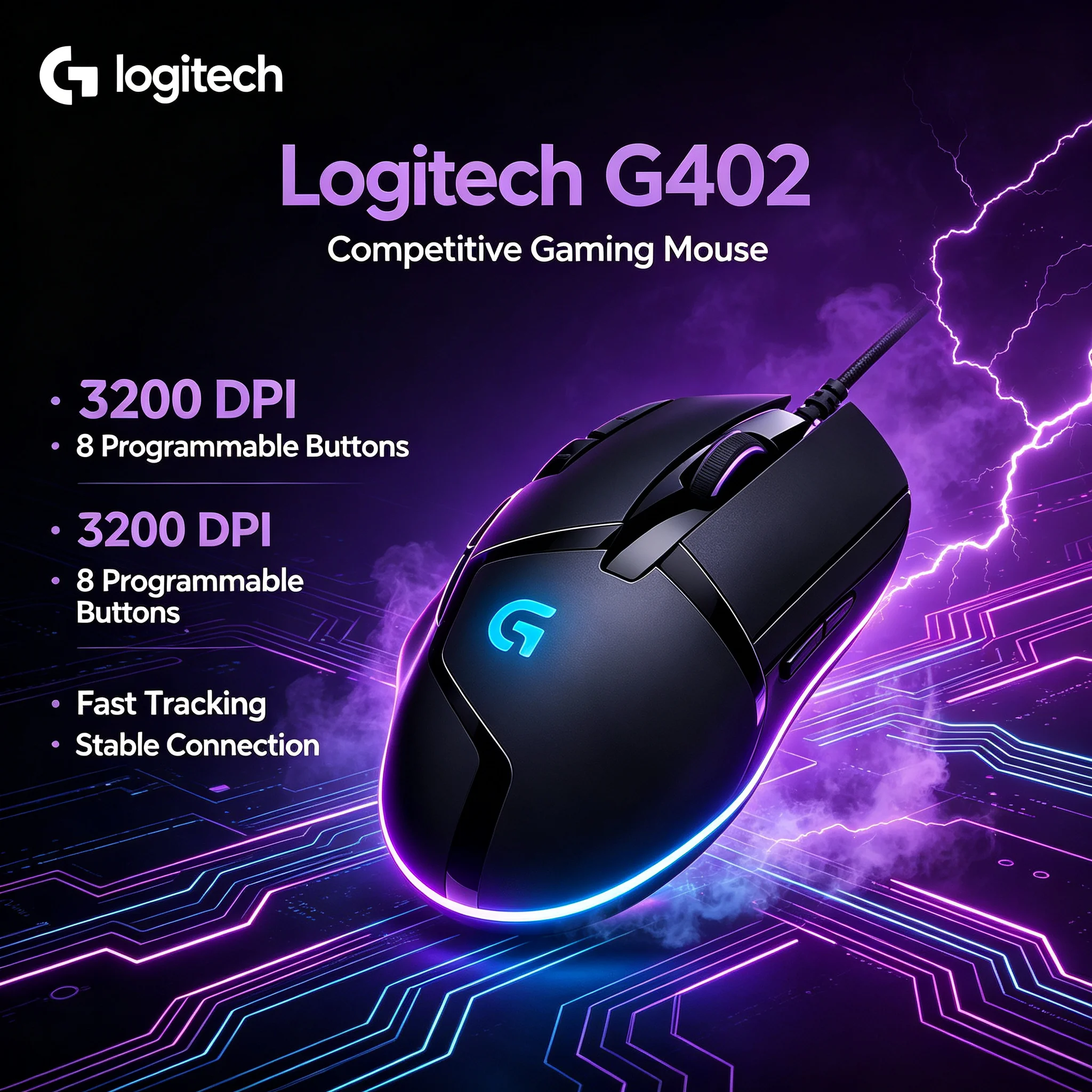Logitech G402 Gaming Wired Mouse RGB Illumination 8 Programmable Buttons Adjustable DPI For CS2 Valorant League of Legends Gamin