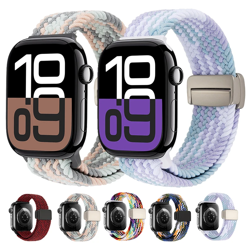 Nylon Braided Loop Strap For Apple Watch Ultra 2 49mm 11 10 9 8 7 45mm 41/42/46mm Magnetic Wristband For iWatch 6 5 4 SE 44/40mm