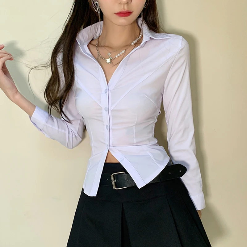 Y2k White Women Crop Shirts Korean Sexy Slim Long Sleeve Female Casual Blouse Autumn New Office All Match Button Ladies Tops