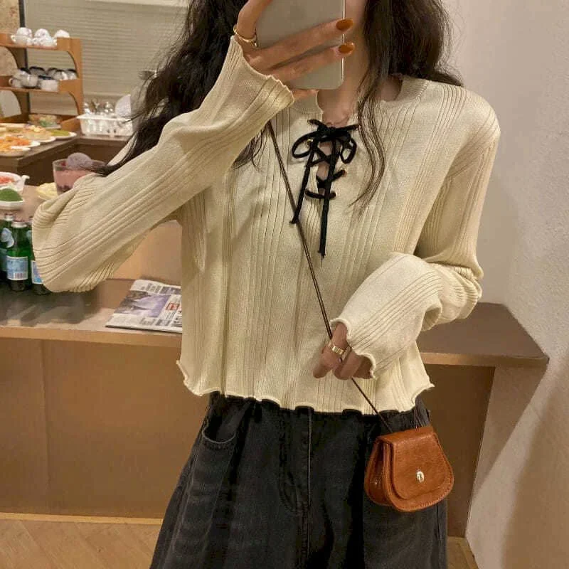 

Long-sleeved Knitted Top Women's Lace Drawstring Short Soft 2024 Autumn Light Mature Women Korean Style Tops Women T-shirts