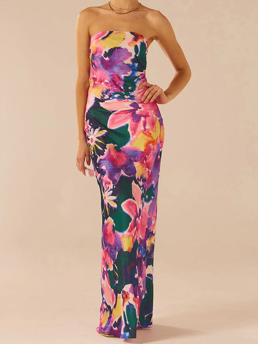 Elegantes schulterfreies Maxikleid mit Boho-Blumendruck und Schnürung am Rücken für sommerliche Hochzeits- oder Urlaubs-Strandpartykleidung