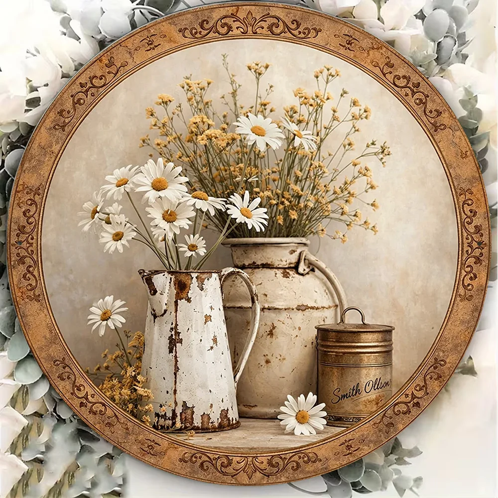 2D Flat, 1pc 1pc 1pc Suitable for Decorating Vintage Daisy Round Sign - 8X8In/20X20Cm Rustic Farmhouse Wall Decor with Daisy Flo