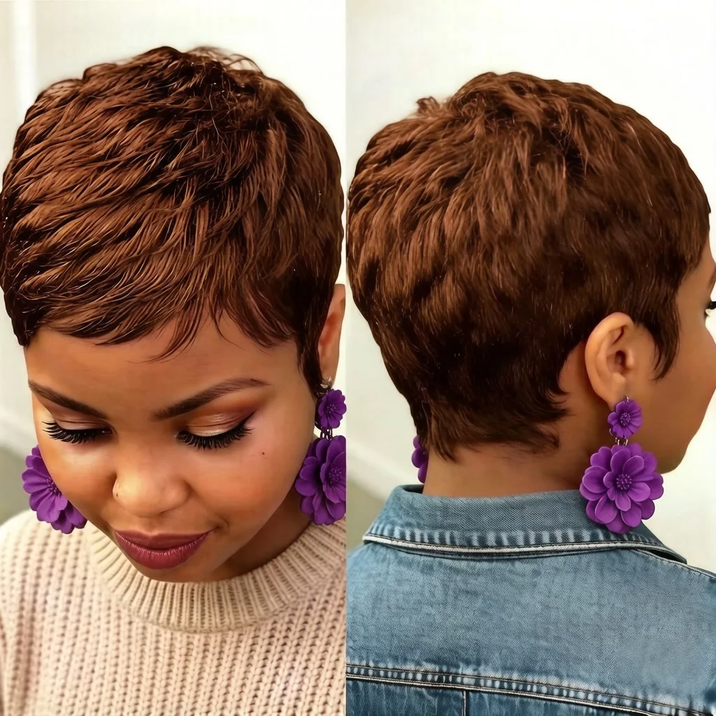 Pixie Cut Wig for Women Short Full-Machine-Made Hair Replacement in Rich Burgundy & Black Colors Ideal for Quick Style