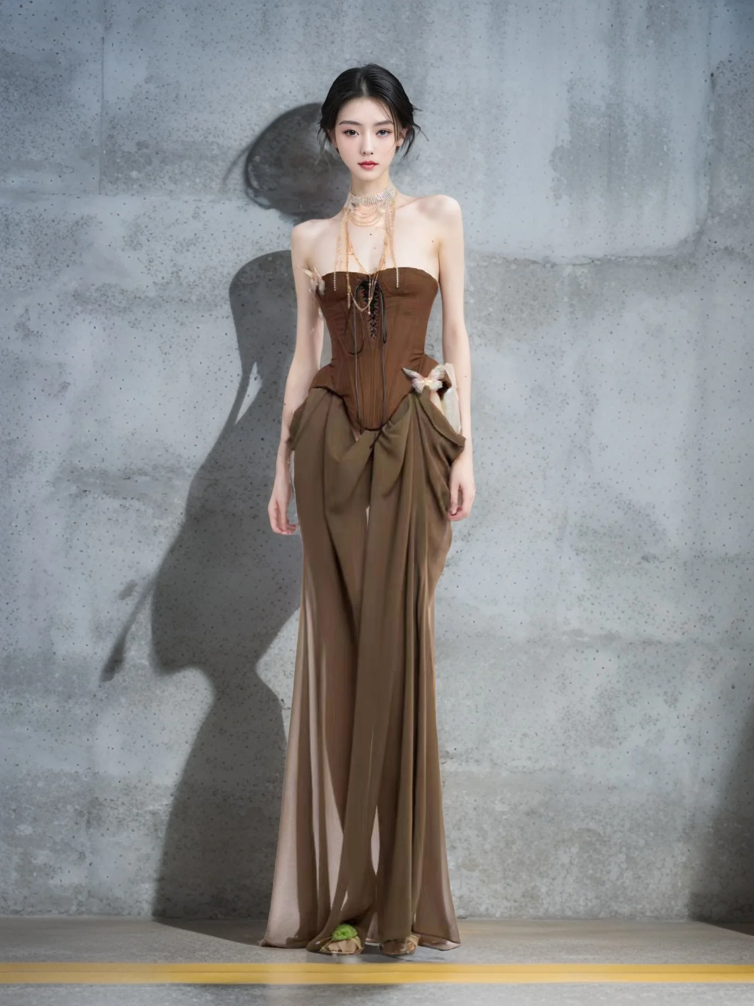 

Elegant Pure Desire Sexy Fishbone Strapless Dress Women's Slimming Long Evening Gown Stylish Fashionable Bodycon Style