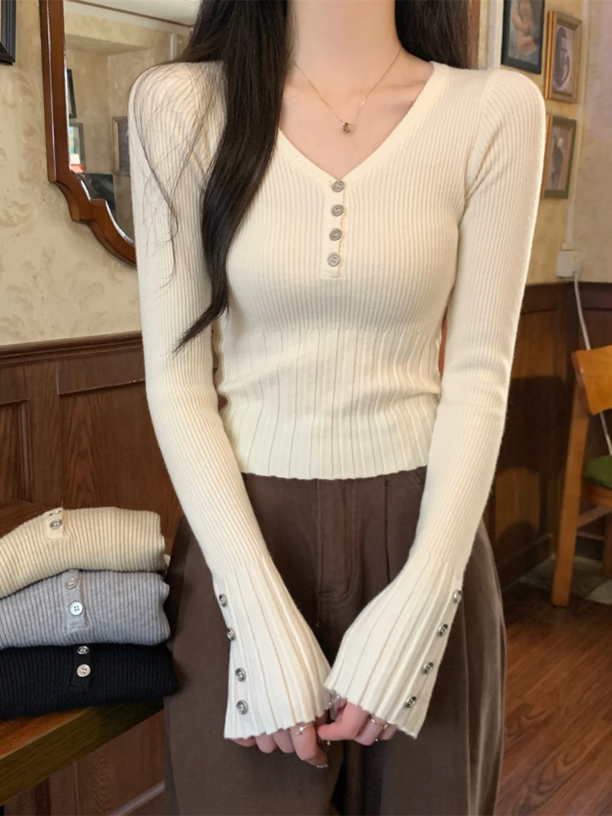 

Женский облегающий вязаный свитер с длинным рукавом и V-образным вырезом, базовый топ для осени и зимы, модный трикотаж для повседневной носки