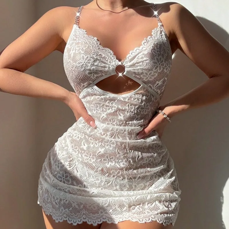 European  American plus size sexy lace camisole nightgown hollowed out perspective sexy lingerie  hip skirt dress lender pajamas