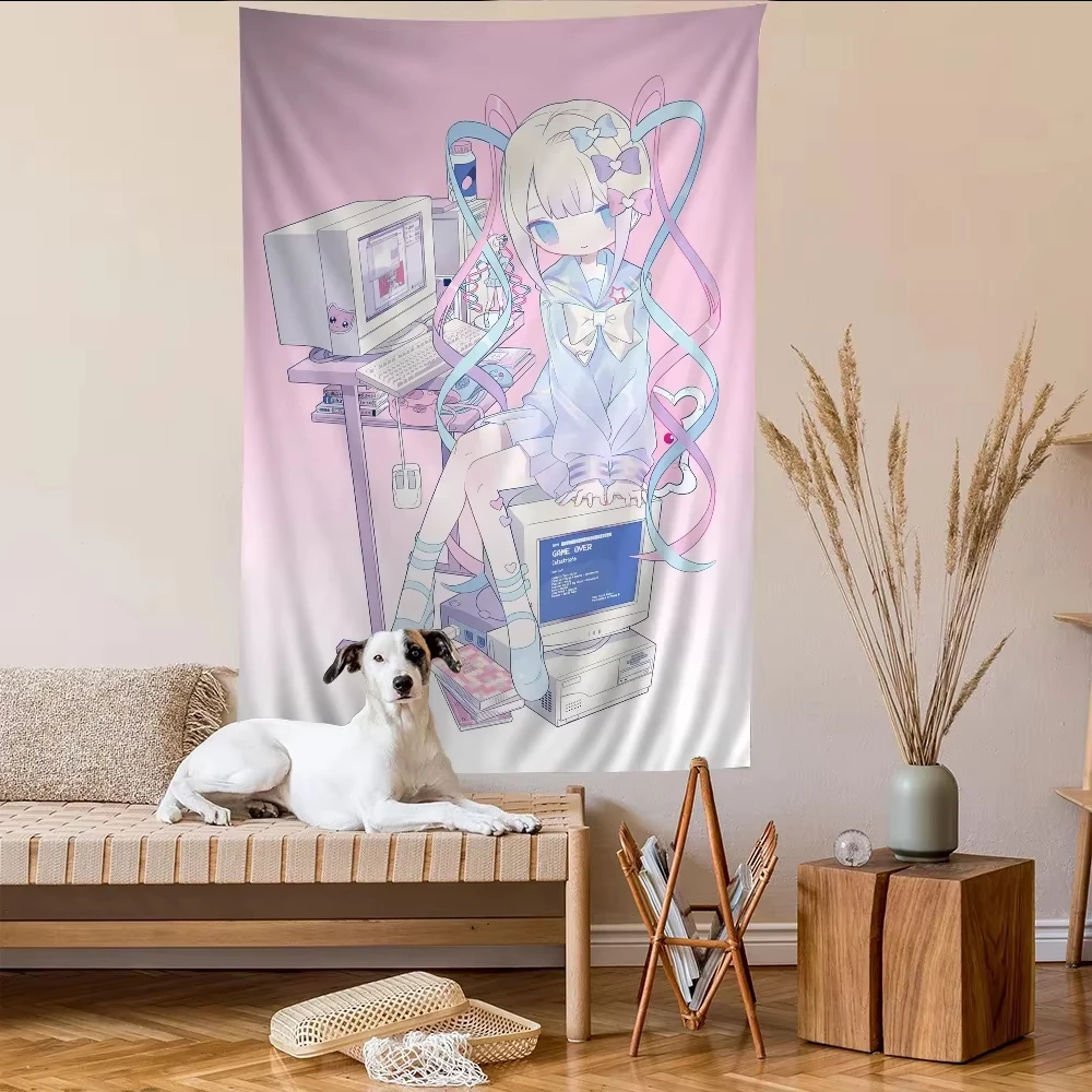 Anime Gaming Room Tapestry Retro Gradient Mural Cute Double Ponytail Girl Bedroom Living Room Ins Style Decoration