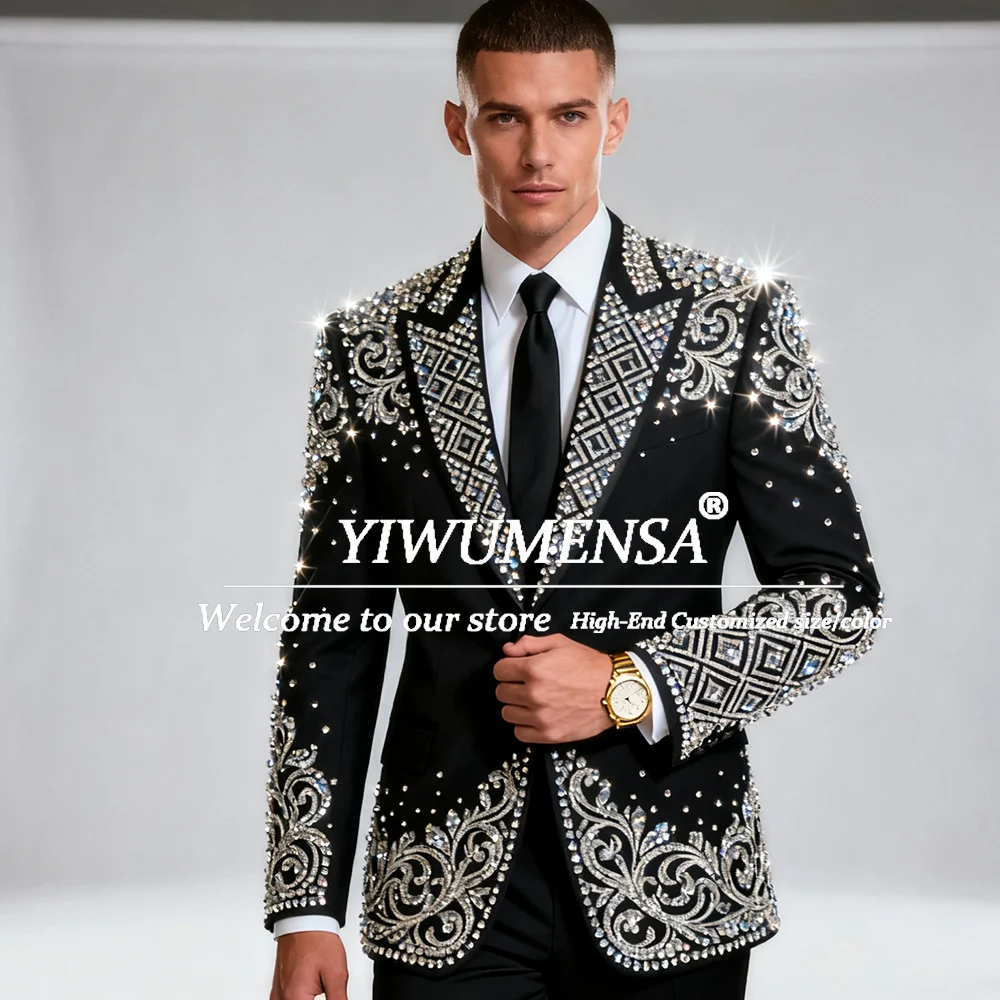 

Дизайнерские костюмы с камнями из бисера, мужские комплекты из 2 предметов, однобортные свадебные смокинги для жениха, индивидуальные мужские костюмы для сцены, деловая вечеринка, базоны