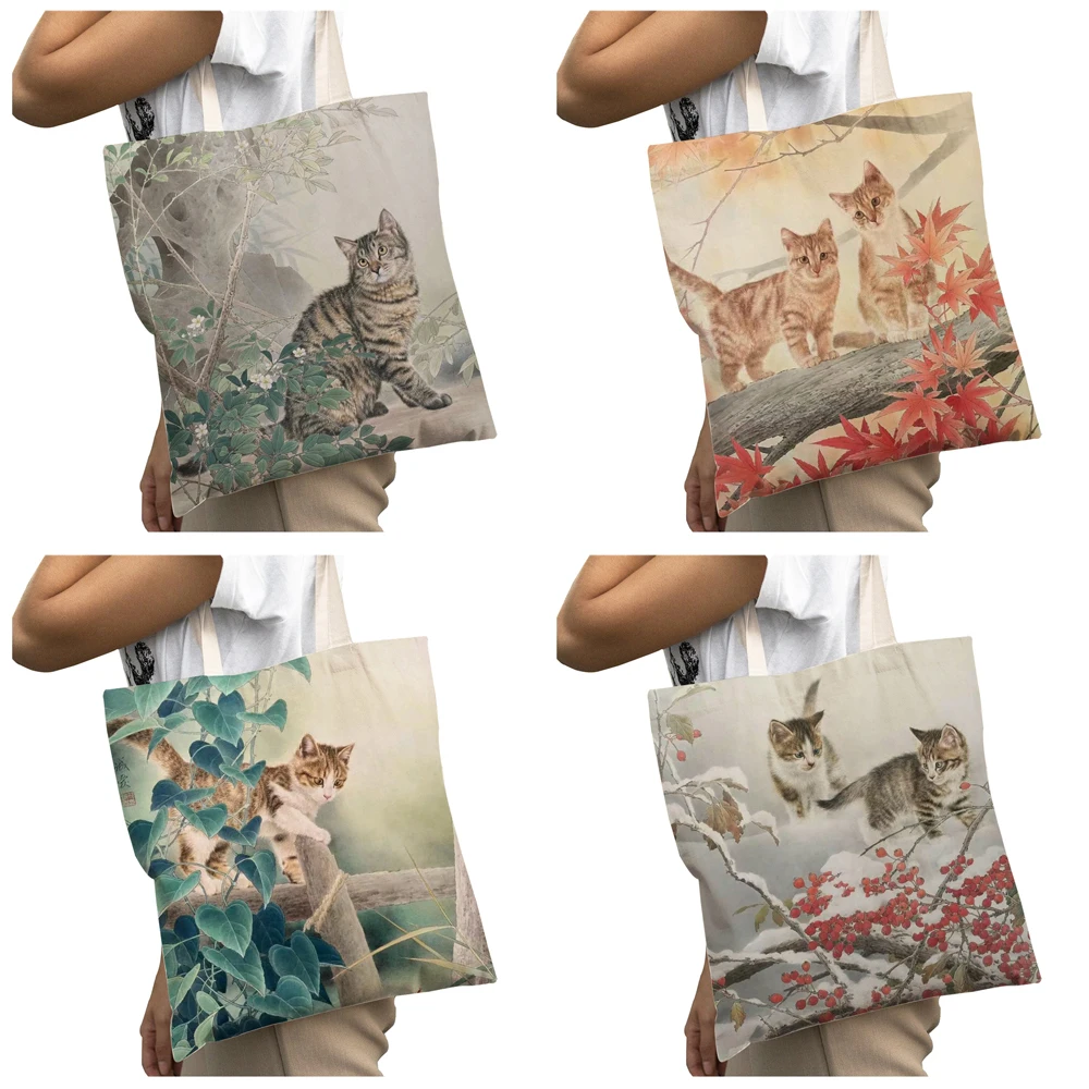 Chinese Ink Cartoon Cat Casual grande capacità Shopper Bag Animal Canvas Lady Travel Tote Handbag per le donne Shopping Bags