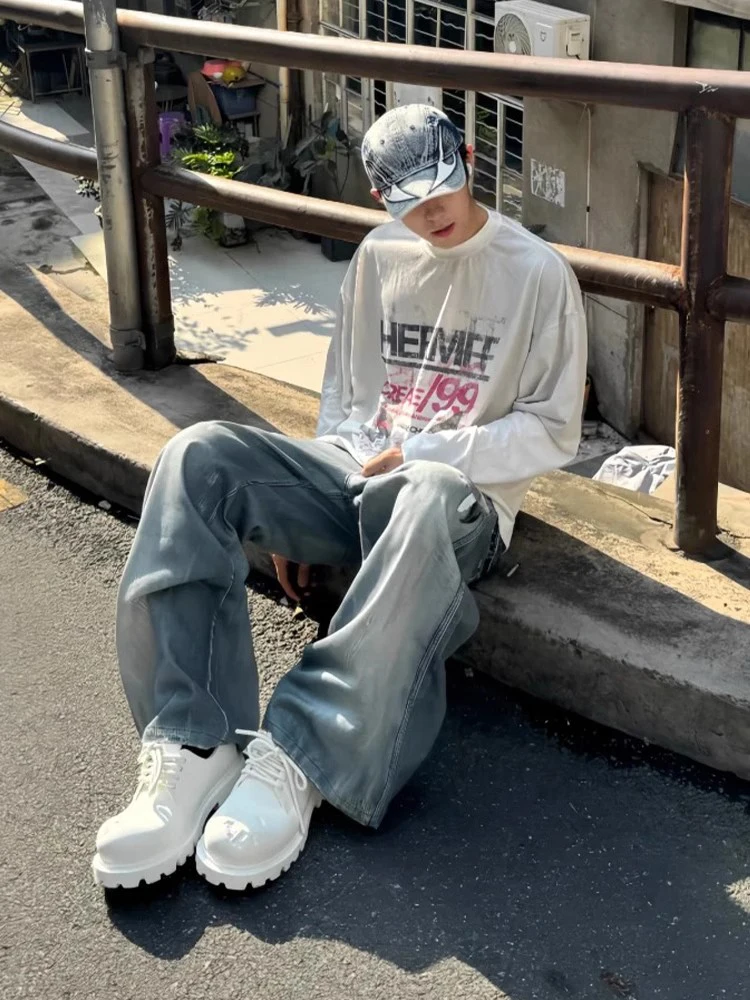 الشارع الشهير تي شيرت Y2K القط رسالة الرجعية الجرافيك طباعة المتضخم التي شيرت رجل إمرأة جولة الرقبة قميص قطني بكم طويل بلايز الخريف #5