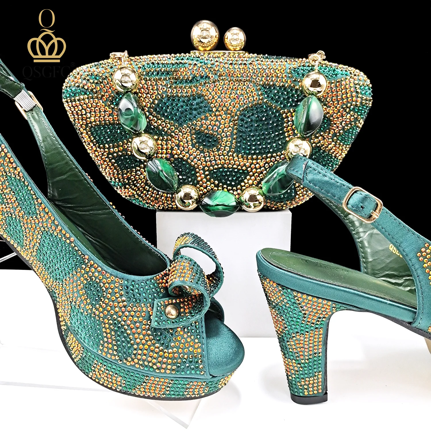 

Hot Selling Green Color Mature Style Platform Design Peep Toe High Heel Women Shoes and Full Rhinestone Dual Purpose Mini Bag