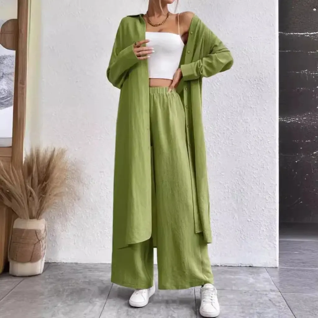 

Women's Autumn Two-Piece Suit European American Middle East Style Long Shirt Wide-Leg Pants Ensemble