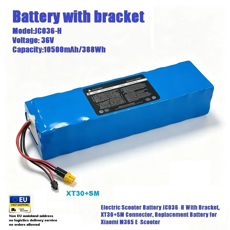 36V 10500mAh 388Wh Elektroroller-Akku JC036‑H mit Halterung, XT30+SM-Anschluss, Ersatzakku für Xiaomi M365 E-Scooter, EU-Lager 7-Tage-Lieferung