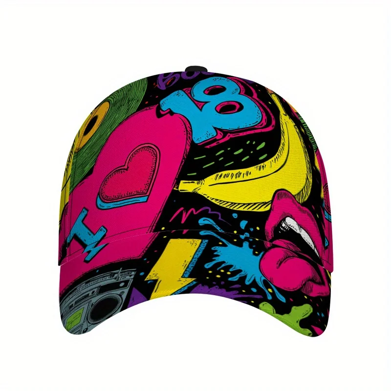 Retro 80S Pop Art Fusion Print Baseball Cap a Full-Body Snapback Hat Featuring a Striking And Colorful Design Perfect
