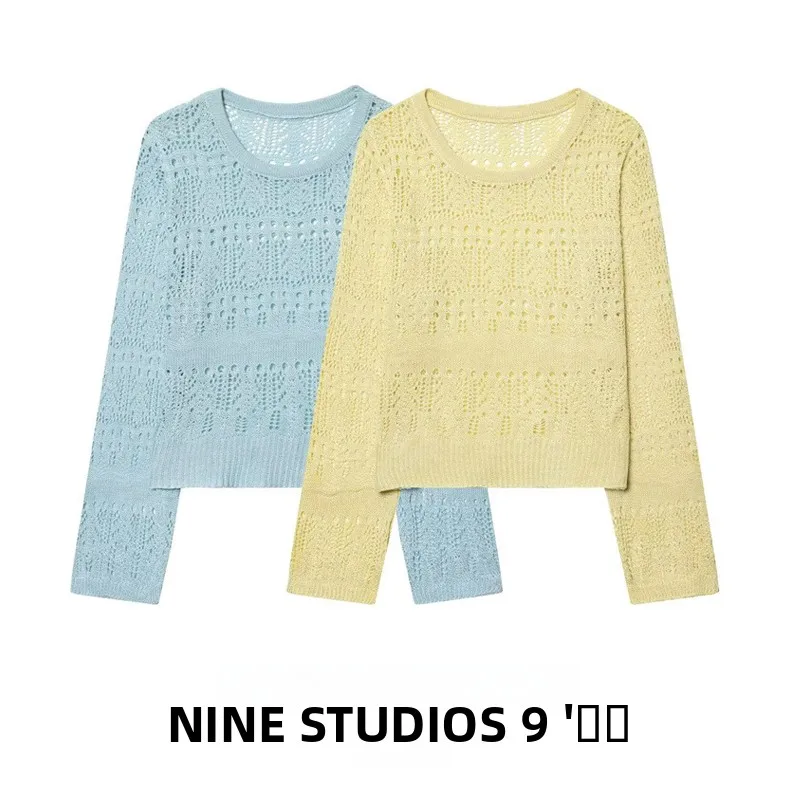 

NINE ZAR Women's Fashion Simple Loose Candy Color Knitted Hollow out round Neck Long Sleeve Top Spring 2026 Regular Fit