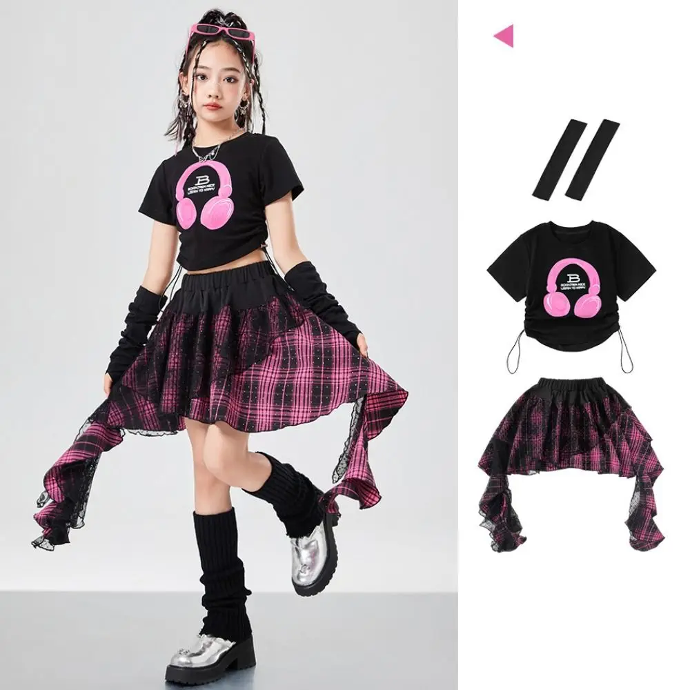 

Streetwear Girls Hip Hop Clothes Stage Wear Jazz Children Dance Costume Irregular Teens T-shirt Plaid Skirt Set Party