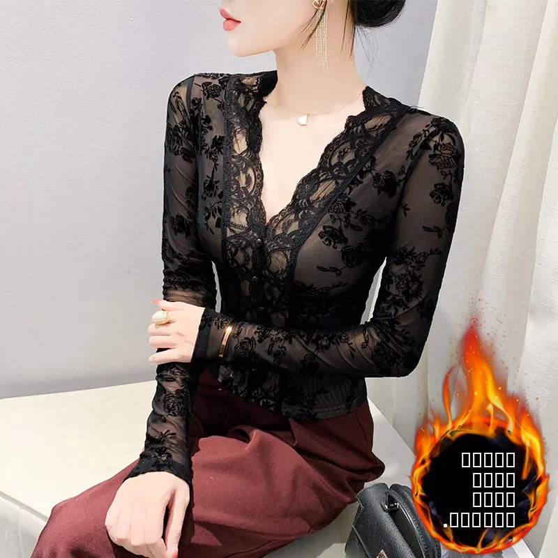 فستان شتوي نسائي مبطن بقاعدة دانتيل مطلي، تصميم مثير بياقة V، ضيق ودافئ بأكمام طويلة، أزياء كورية عصرية