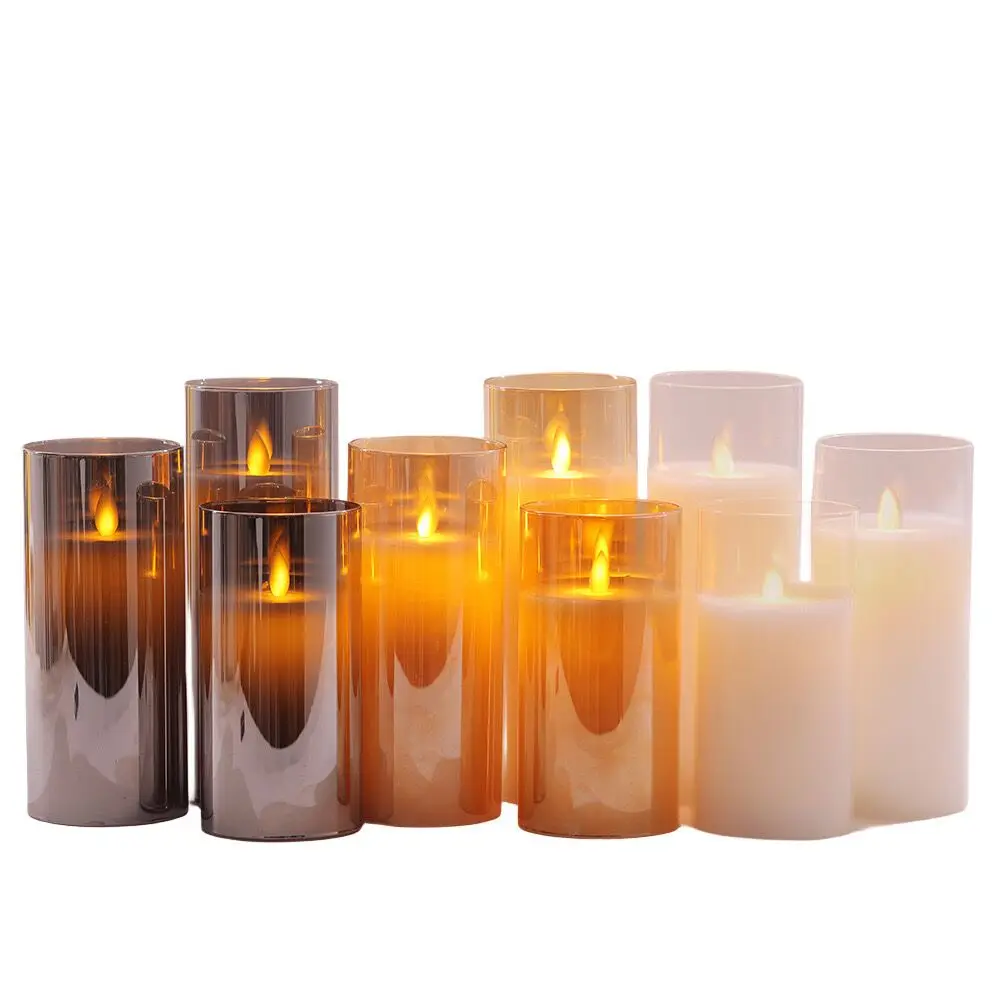 

Remote controlled w/Timer Flickering Flame Pillar Candle Paraffin Wax Electric LED Glass Candles Home party table Decor-Amber