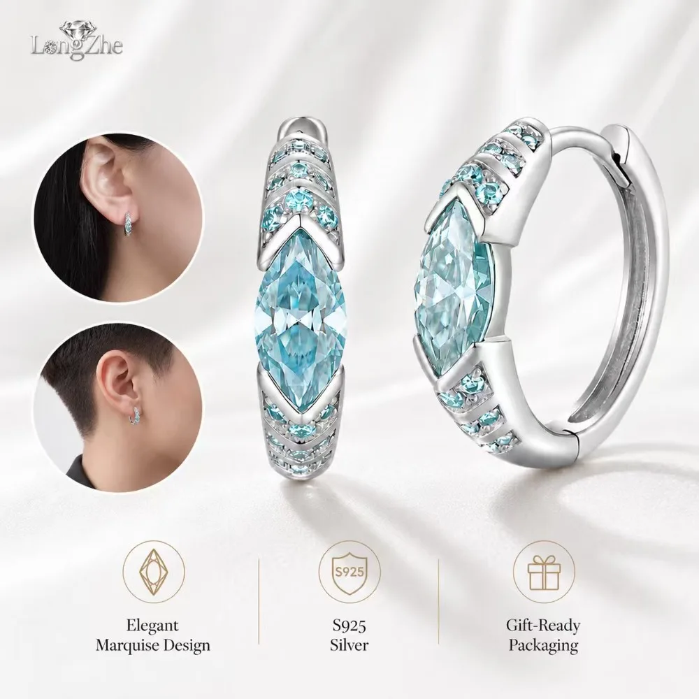 

Blue Moissanite Hoop Earrings 925 Sterling Silver Marquise Cut Huggie Earrings for Women Men