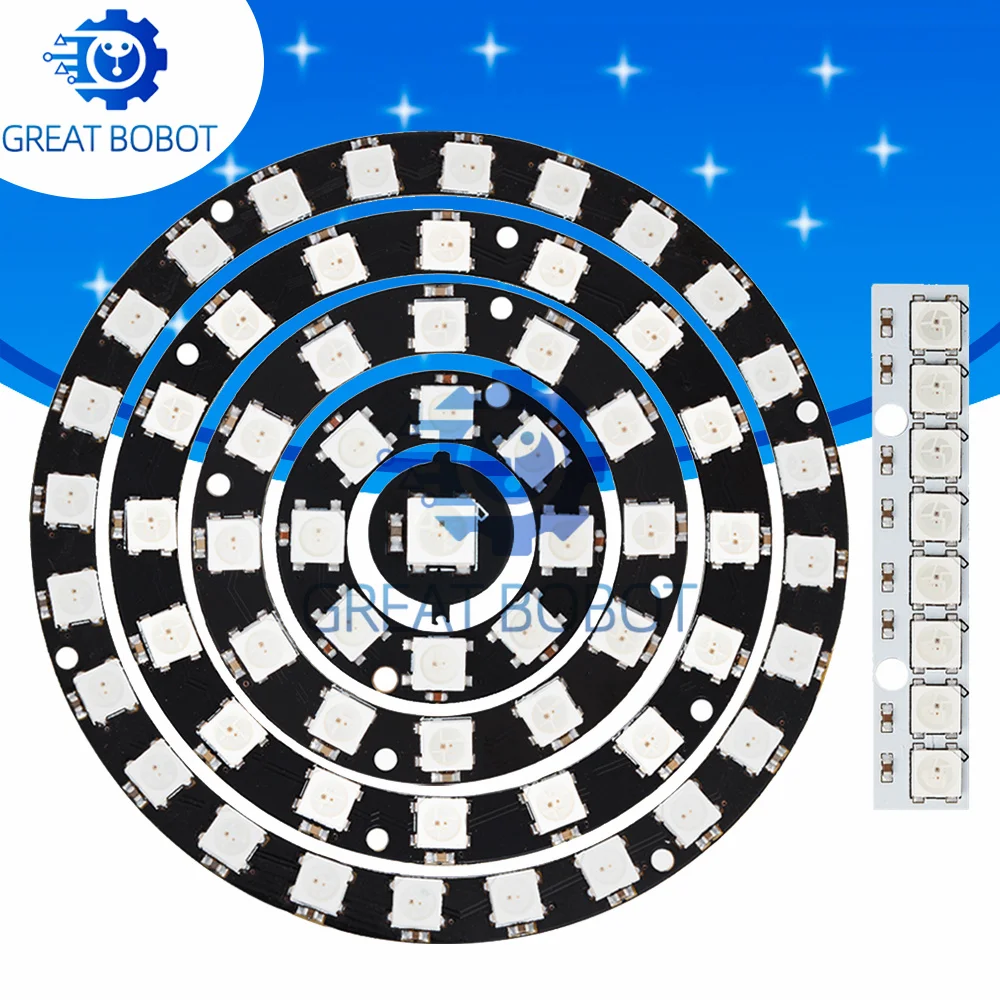 WS2812 RGB LED Ring (1PCS): 1/8/12/16/24-Bit 5050 Addressable LEDs – Full-Color Round Lights with Built-In Drivers