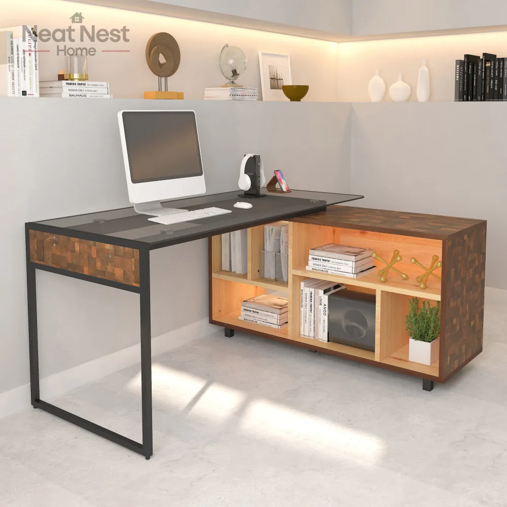 

Oak L-Shape Corner Desk with Storage - Modern Design & Functionality, office desk accessories, Home writing desk