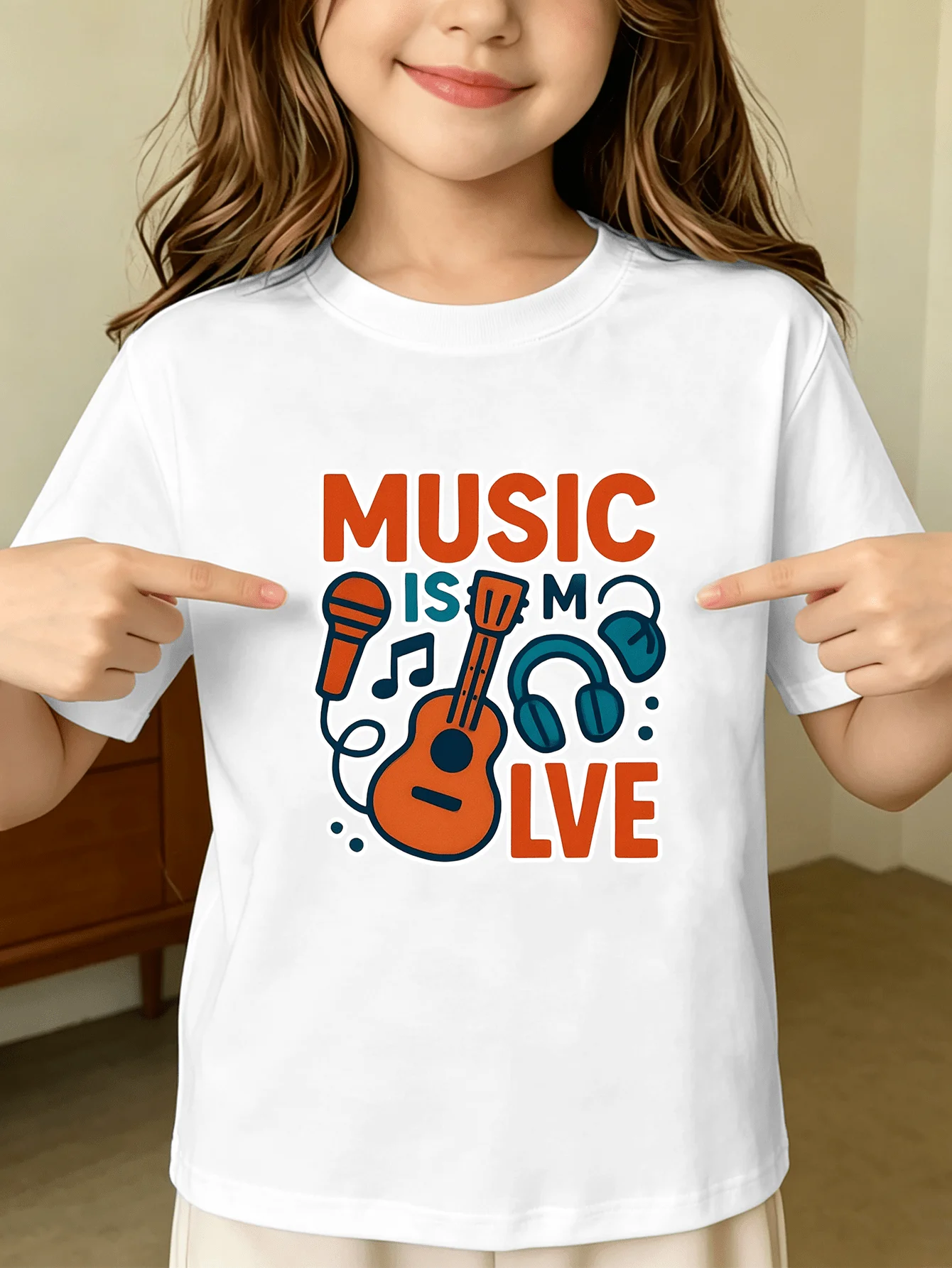 Music Theme Letter Guitar Microphone Cartoon Art Print Kids T Shirt Boys Girls Family Matching Summer Crew Neck Short Sleeve Tee