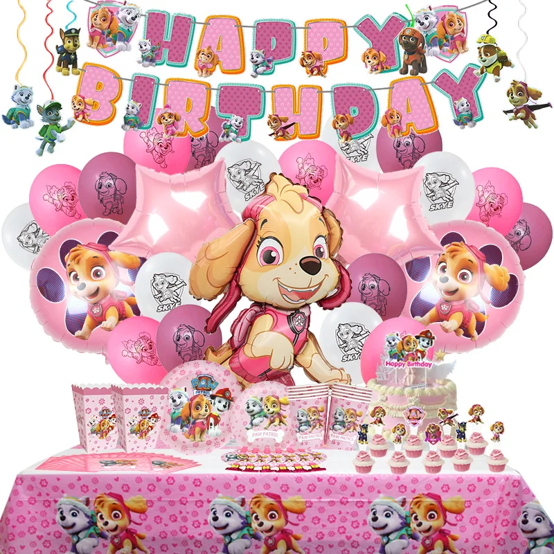 Skye PAW Patrol Geburtstagsparty-Dekoration Rosa Mädchen-Thema Cartoon Kinder-Event-Zubehör Hintergrund-Banner Geburtstagsgeschenk Tasse Teller