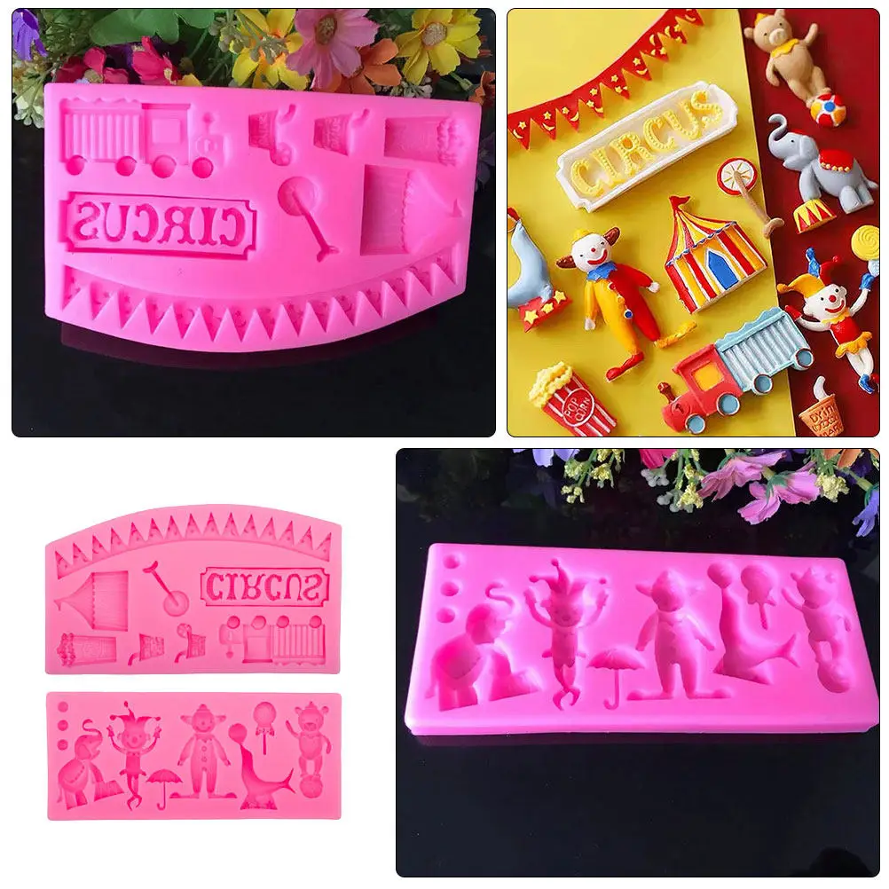 2Pcs Circus Theme Silicone Fondant Mold for Cake Cookies Chocolate Candy Mousse Marzipan DIY Epoxy Clay Soap Crafts Creative