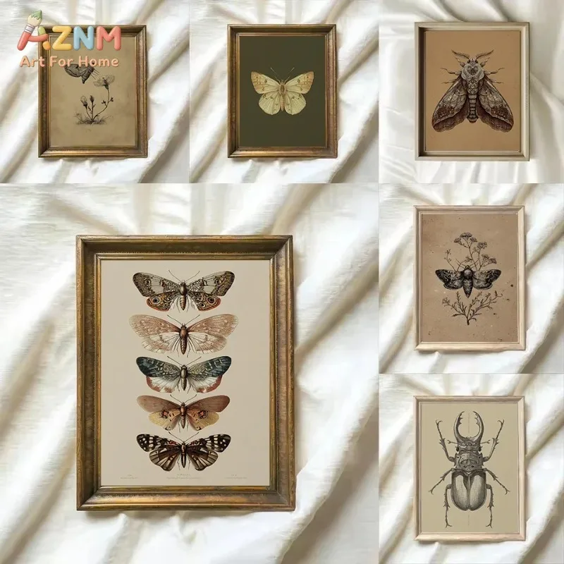 Vintage Insect Moth Beetle Canvas Wall Art Set Retro Botanical Bug Drawing Neutral Farmhouse Living Room Decor Unframed