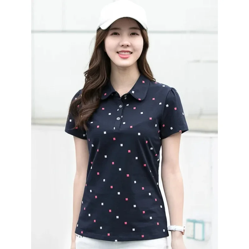 

2024 New Short Sleeve Top T-Shirt Women Spring Summer Lapel Print Versatile Polo Shirt for Women Clothing Casual Tops